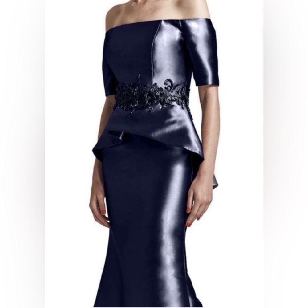 Park 108 Navy Mikado Peplum Off Shoulder Gown Sz 6 Mother of Bride Formal